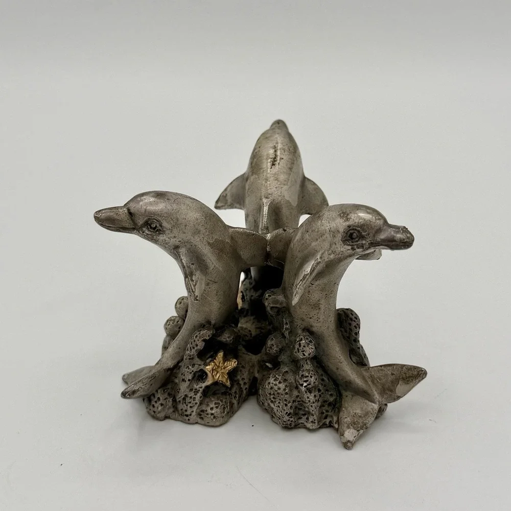 Vintage Three Dolphins Solid Pewter Stand Statue Figurine Paper Weight 1994